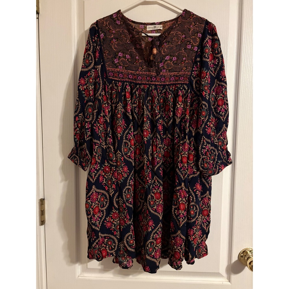 Natural Life Boho Mini Dress Womens Small Navy Floral New With Tags Paisley